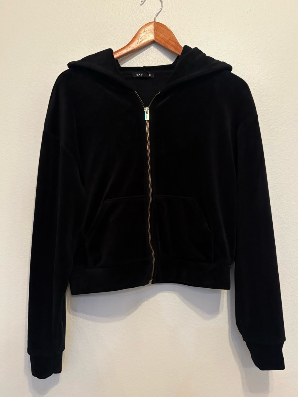 Y2K Black Velour Zip-Up Hoodie // Vintage Soft Velvet Cropped Hoodie - Size S